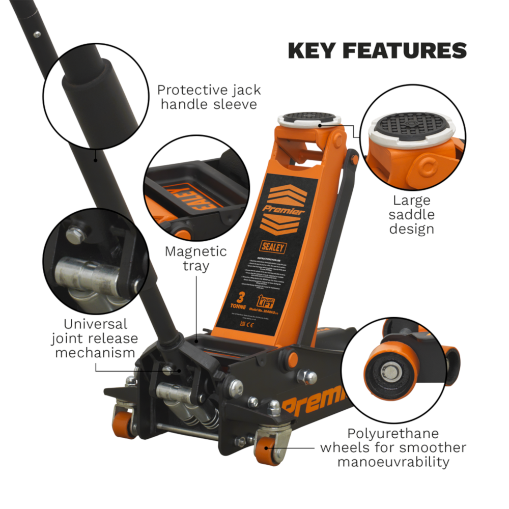 Premier Low Entry Trolley Jack with Rocket Lift, 3 Tonne, Orange (3040AO)