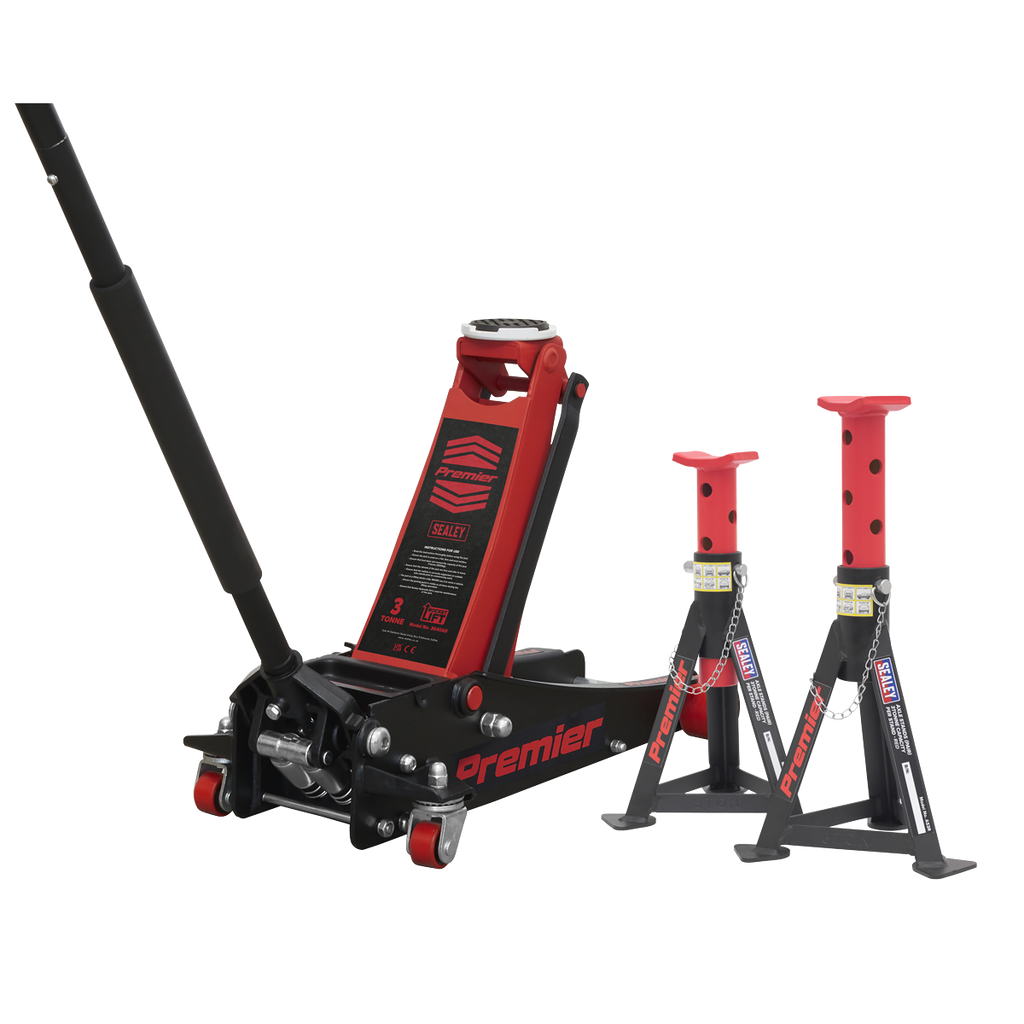 Premier Low Entry Trolley Jack & Axle Stands, 3 Tonne, Red (3040ARCOMBO)