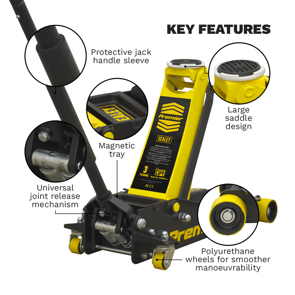Premier Low Entry Trolley Jack with Rocket Lift, 3 Tonne, Yellow (3040AY)