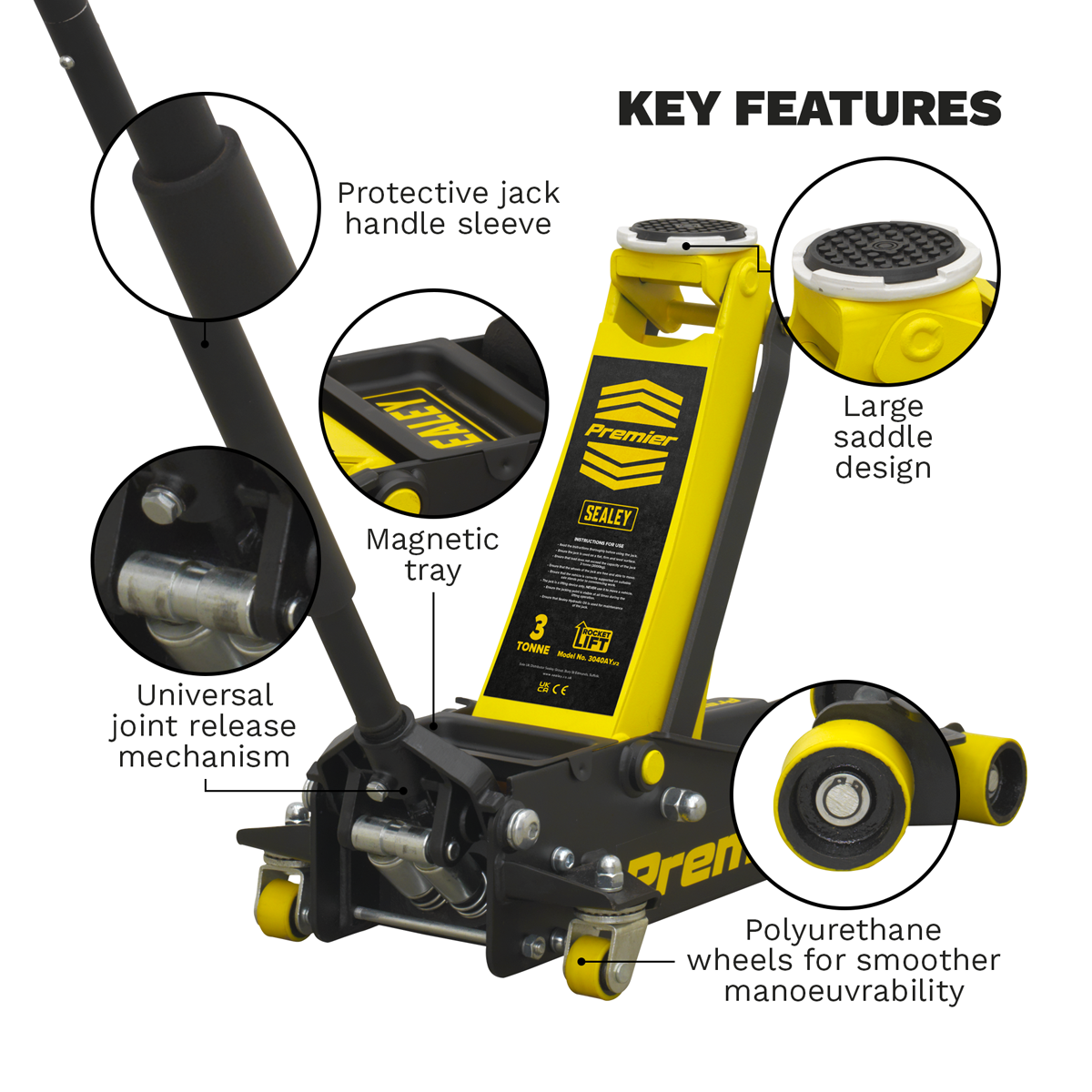 Premier Low Entry Trolley Jack with Rocket Lift, 3 Tonne, Yellow (3040AY)