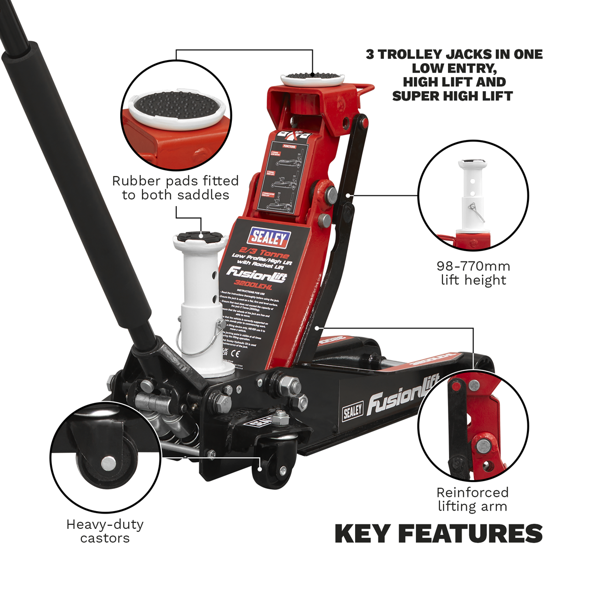 Sealey 3200LEHL Low Entry High Lift Trolley Jack with Rocket Lift, 2/3 Tonne Capacity