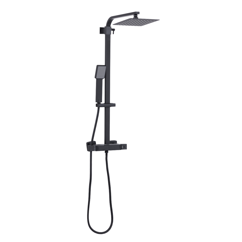 Thermostatic Shower Mixer Set, 20x20cm Square Head, Adjustable Rail - Black