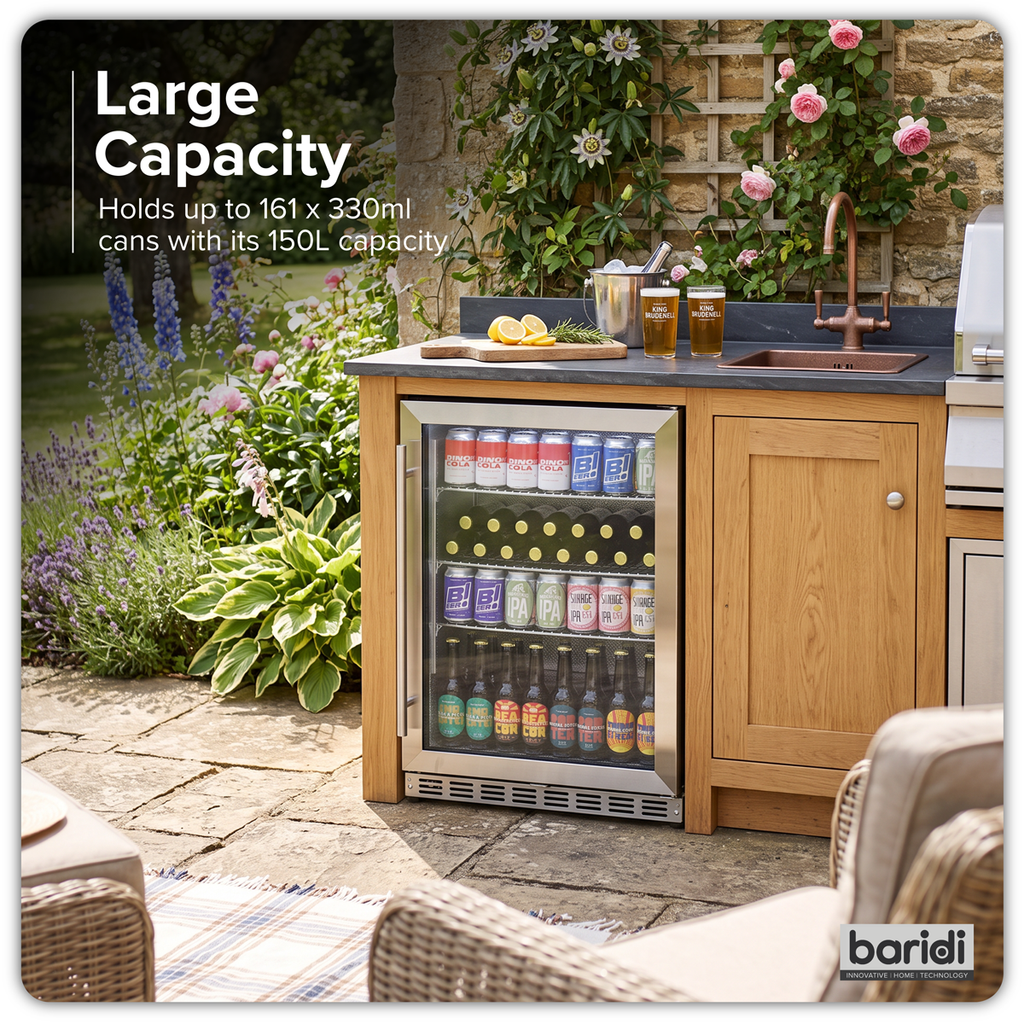 Baridi Outdoor Drinks Fridge with Triple Glazed Door & Lock 150L Stainless Steel (DH439)