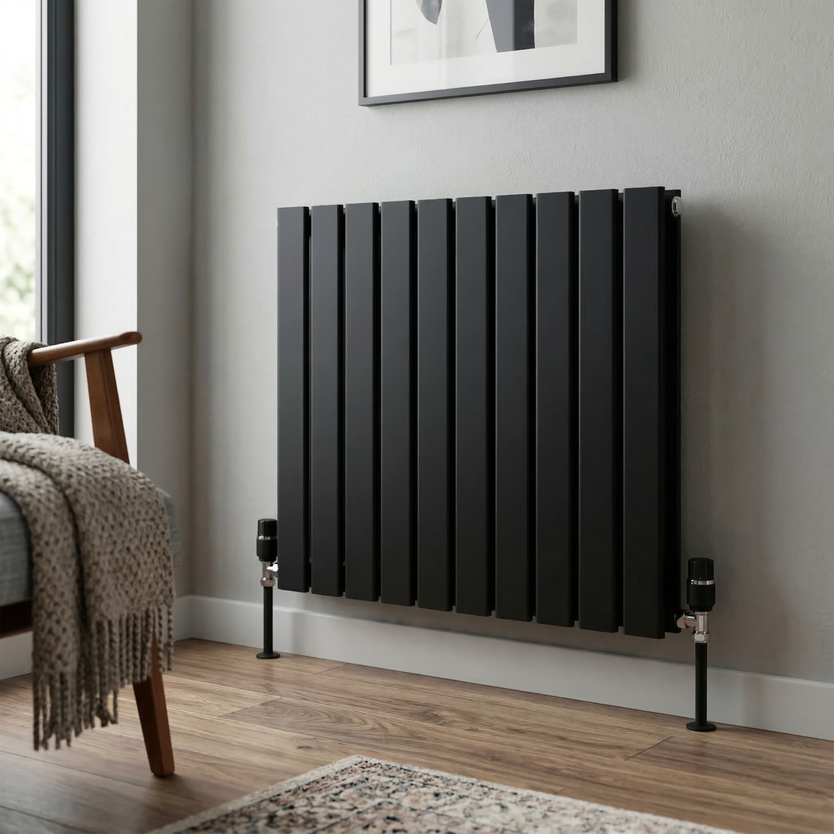 Baridi Horizontal Radiator Contemporary Double Flat Panel Design 600 x 700mm – Black