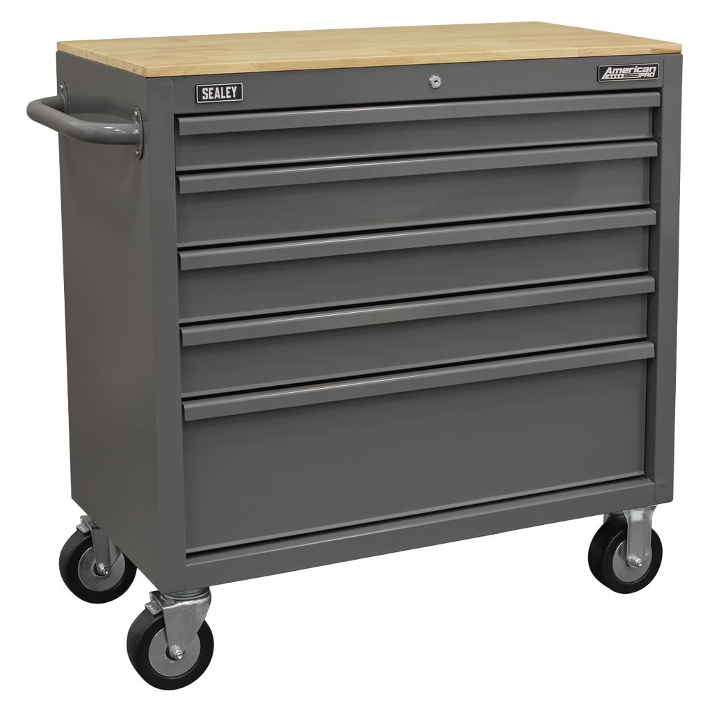 American PRO® Mobile Workstation with Wooden Worktop 5 Drawer - Grey