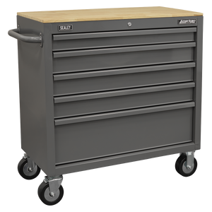 American PRO® Mobile Workstation with Wooden Worktop 5 Drawer - Grey