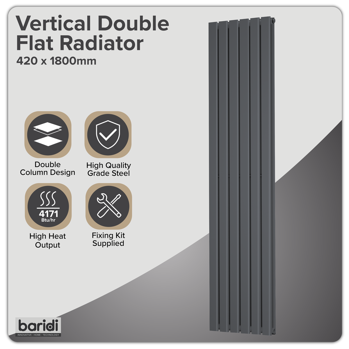 Baridi Vertical Radiator Contemporary Double Flat Panel Design 420 x 1800mm – Anthracite