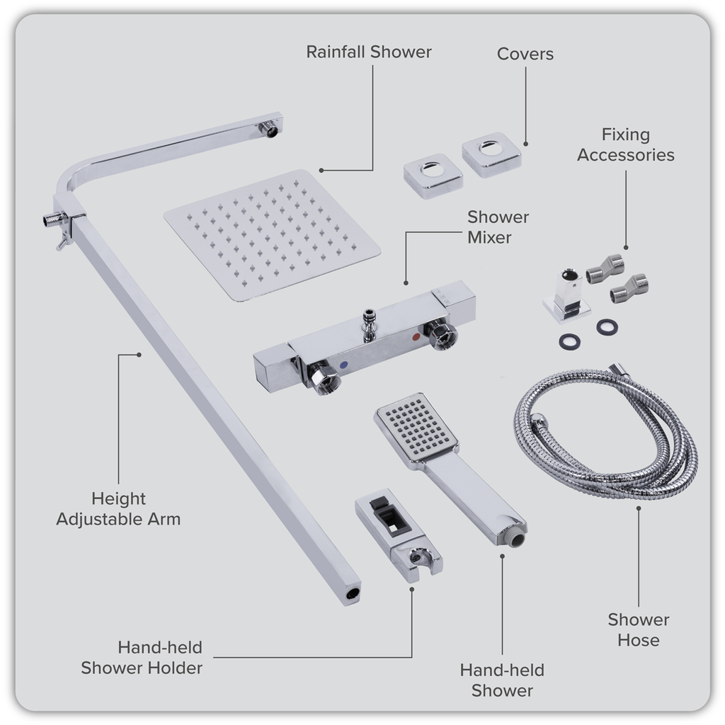 Thermostatic Shower Mixer Set, 20x20cm Square Head, Adjustable Rail - Chrome