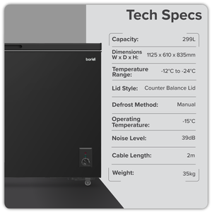 Baridi Freestanding Chest Freezer 299L Capacity - Black