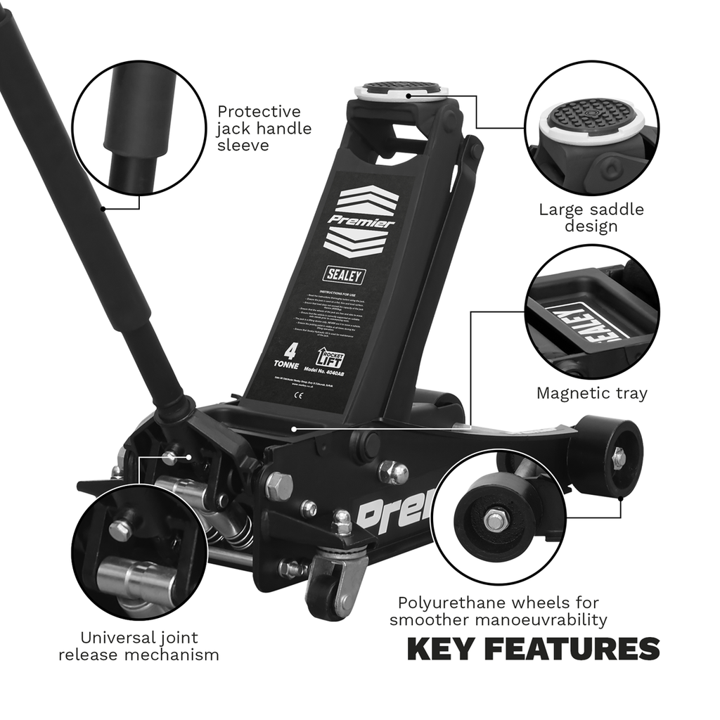 Sealey 4040AB Premier Low Profile Trolley Jack with Rocket Lift, 4 Tonne Capacity, Black