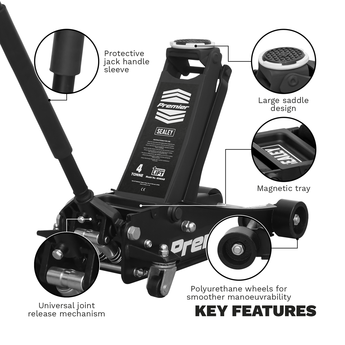 Sealey 4040AB Premier Low Profile Trolley Jack with Rocket Lift, 4 Tonne Capacity, Black