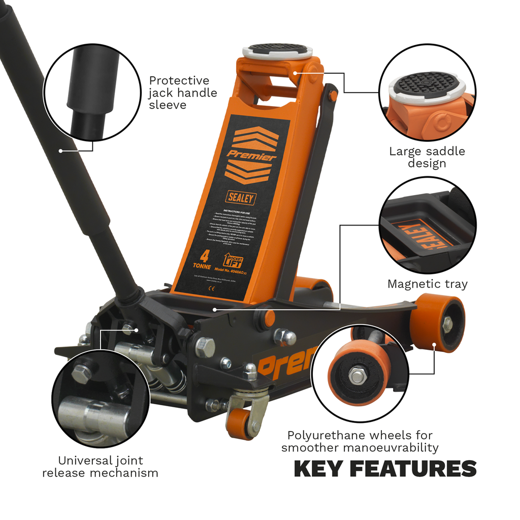 Sealey 4040AO Premier Low Profile Trolley Jack with Rocket Lift, 4 Tonne Capacity, Orange
