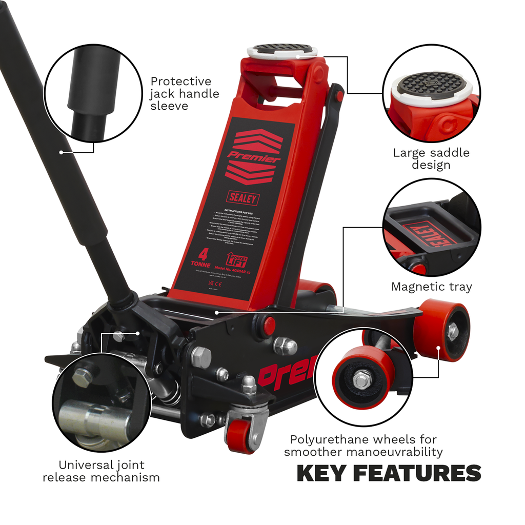 Sealey 4040AR Premier Low Profile Trolley Jack with Rocket Lift, 4 Tonne Capacity, Red