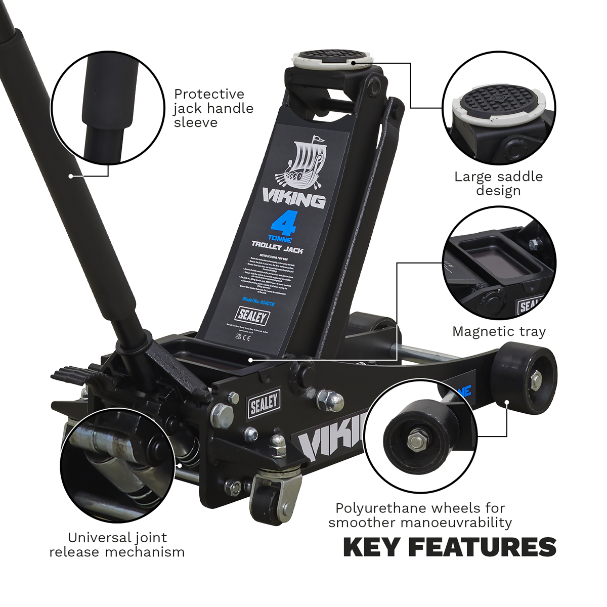 Sealey 4040TB Viking Low Profile Trolley Jack with Rocket Lift, 4 Tonne Capacity, Black