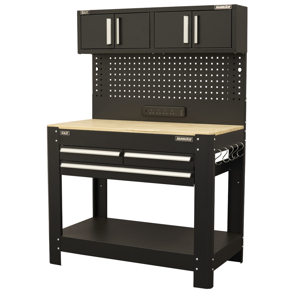 Superline PRO® Workbench with Pegboard Back Panel, Power Bar & Wooden Worktop