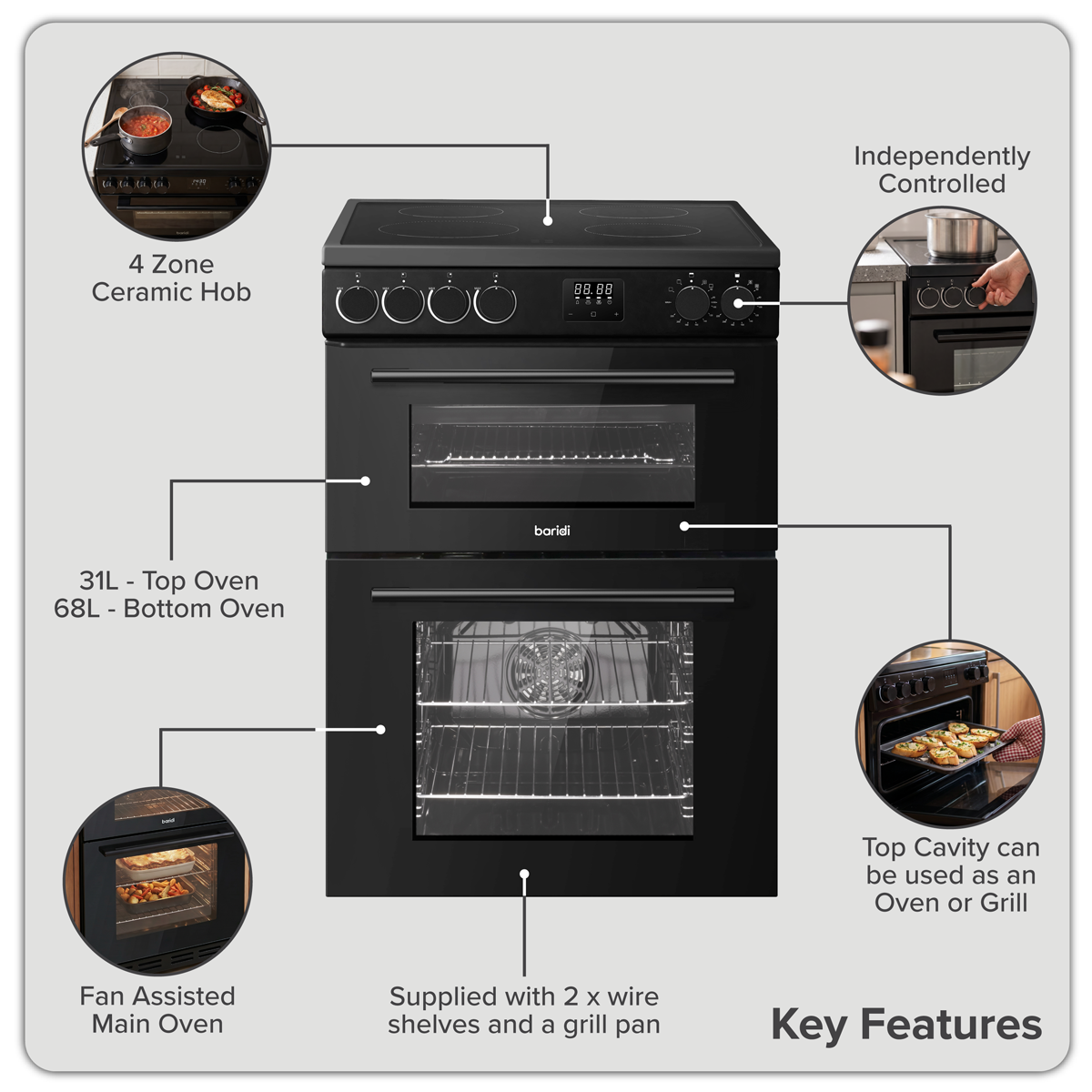 Baridi Freestanding Double Cavity Cooker 60cm with Ceramic Hob, Black (DH429)