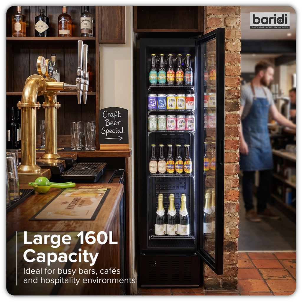 Baridi Tall Drinks Fridge with Digital Controls & Auto Defrost 160L Black (DH440)