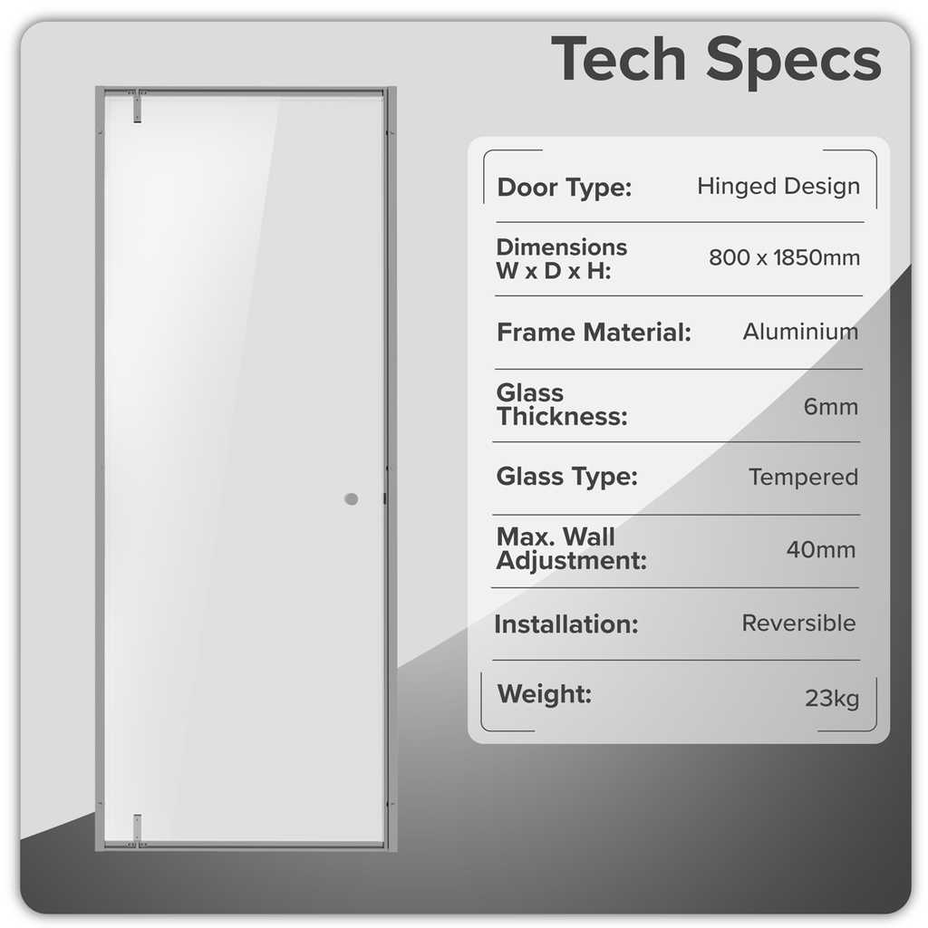 Hinged Shower Door 800 x 1850mm, 6mm Tempered Glass, Reversible - Chrome