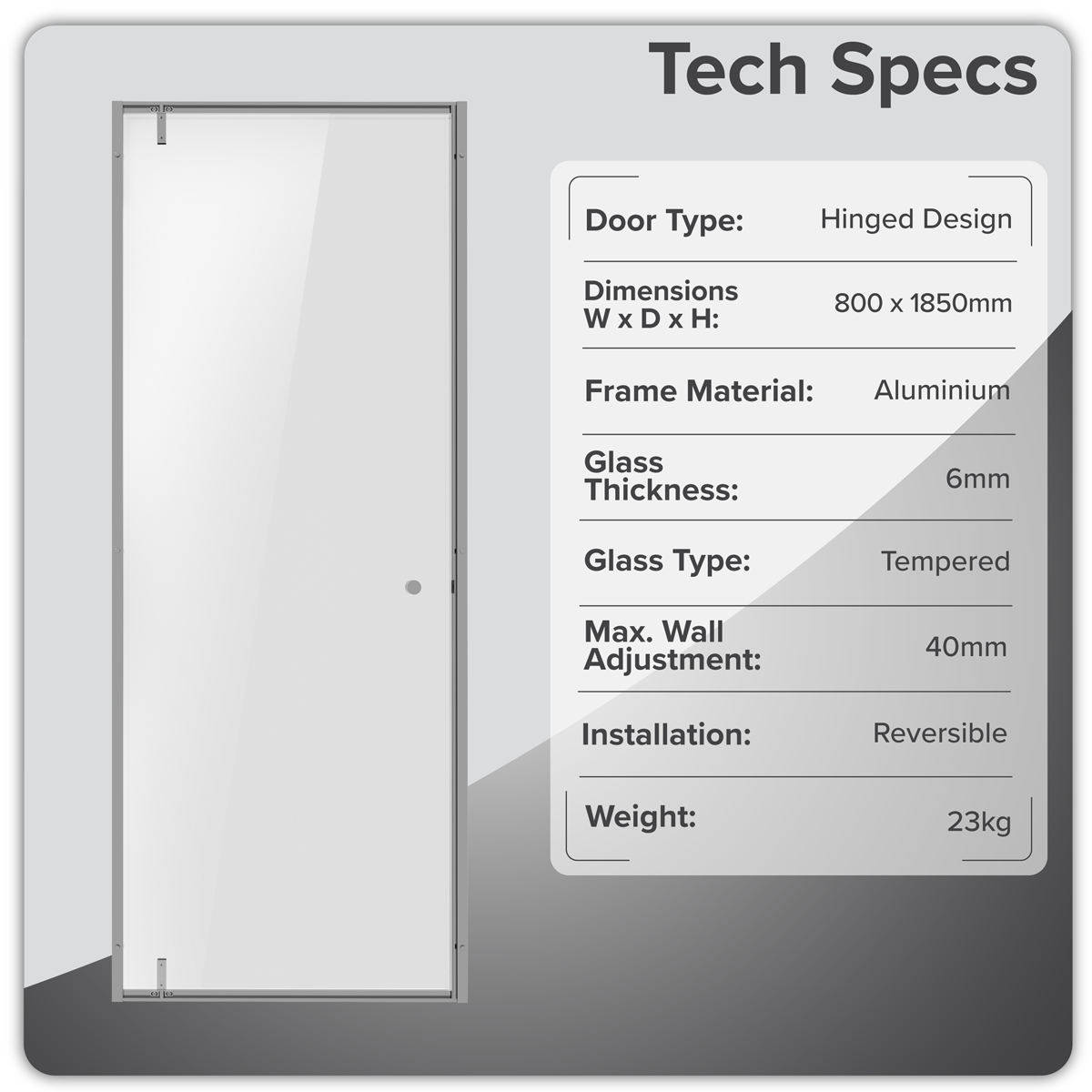 Hinged Shower Door 800 x 1850mm, 6mm Tempered Glass, Reversible - Chrome