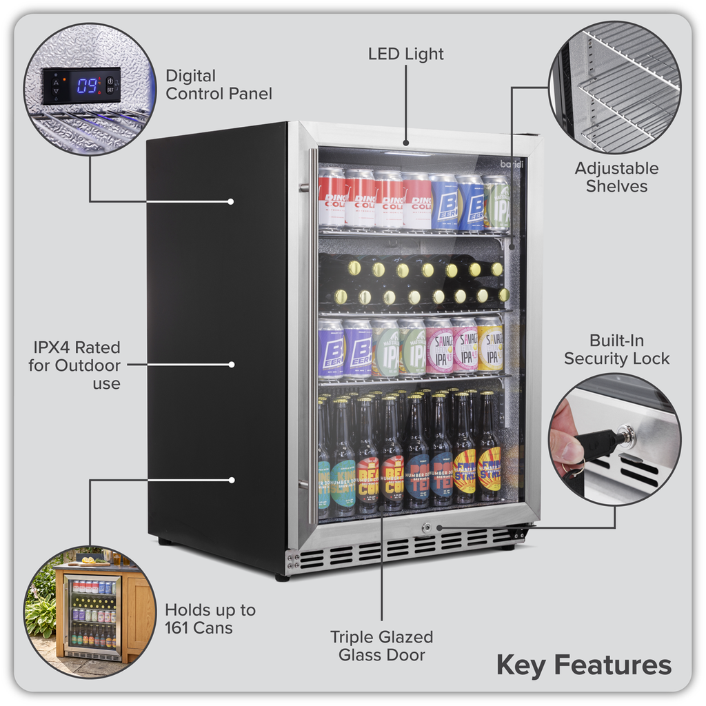 Baridi Outdoor Drinks Fridge with Triple Glazed Door & Lock 150L Stainless Steel (DH439)