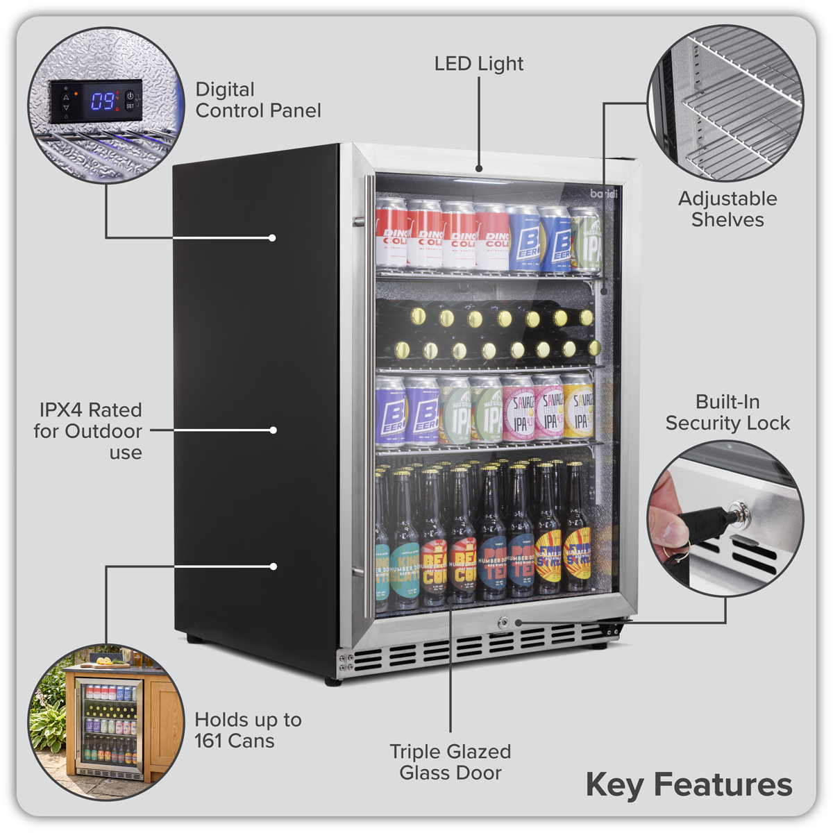 Baridi Outdoor Drinks Fridge with Triple Glazed Door & Lock 150L Stainless Steel (DH439)