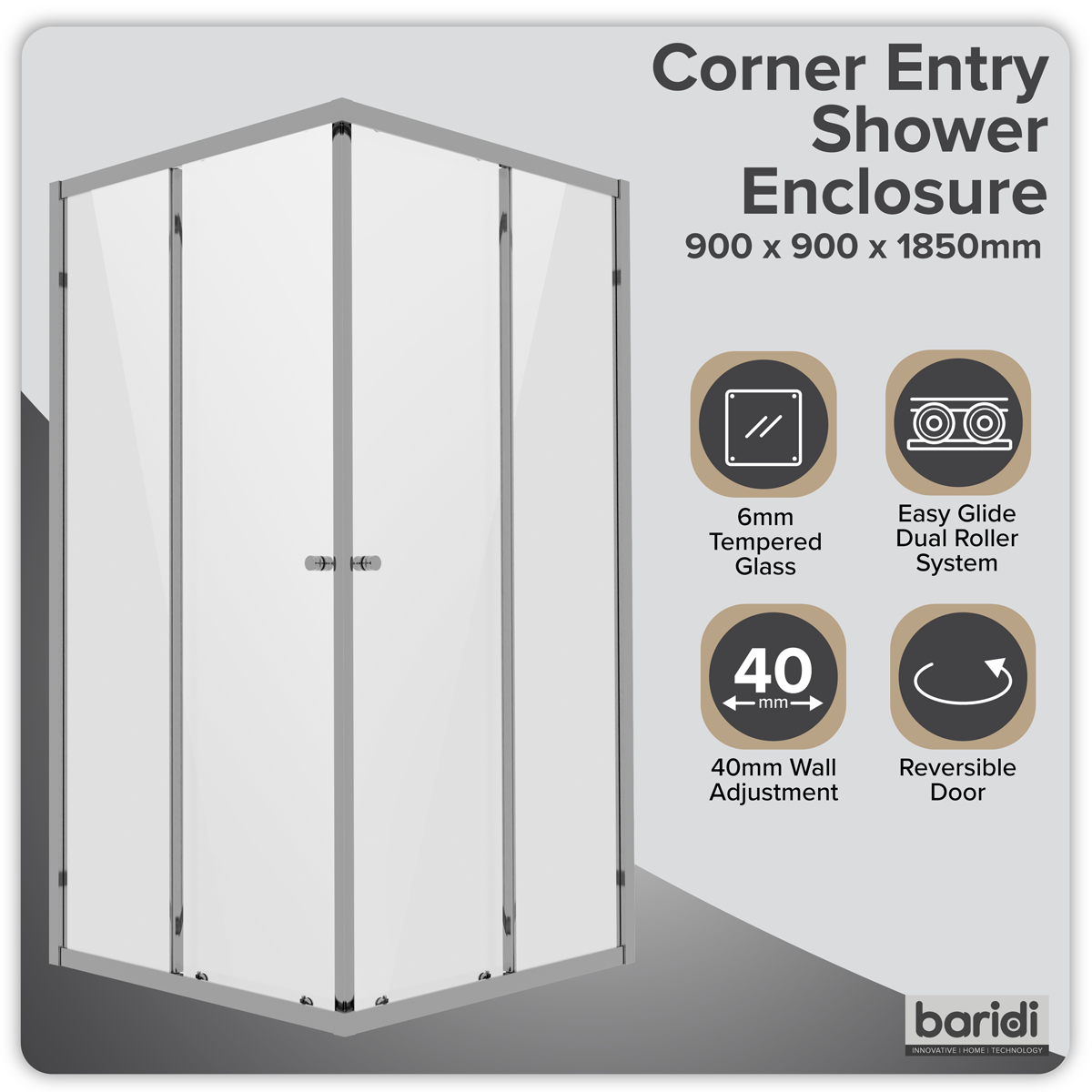 Corner Shower Entry Enclosure 900 x 900 x 1850mm with 6mm Tempered Glass - Chrome