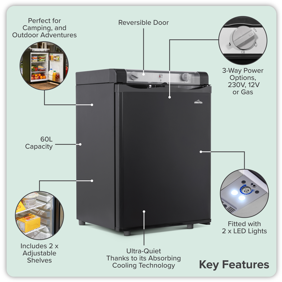 Dellonda 3-Way Fridge 60L for Camping & Motorhomes (DL159)