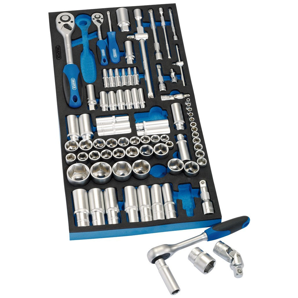 Draper Socket Set in Full Drawer EVA Insert Tray, 1/4", 3/8", and 1/2" (84 Piece)