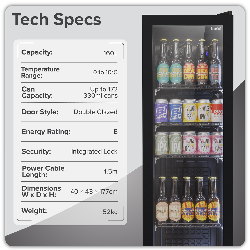 Baridi Tall Drinks Fridge with Digital Controls & Auto Defrost 160L Black (DH440)
