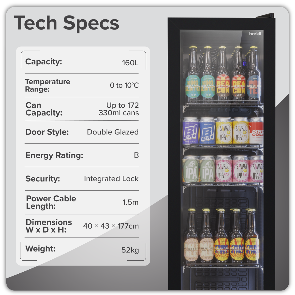 Baridi Tall Drinks Fridge with Digital Controls & Auto Defrost 160L Black (DH440)