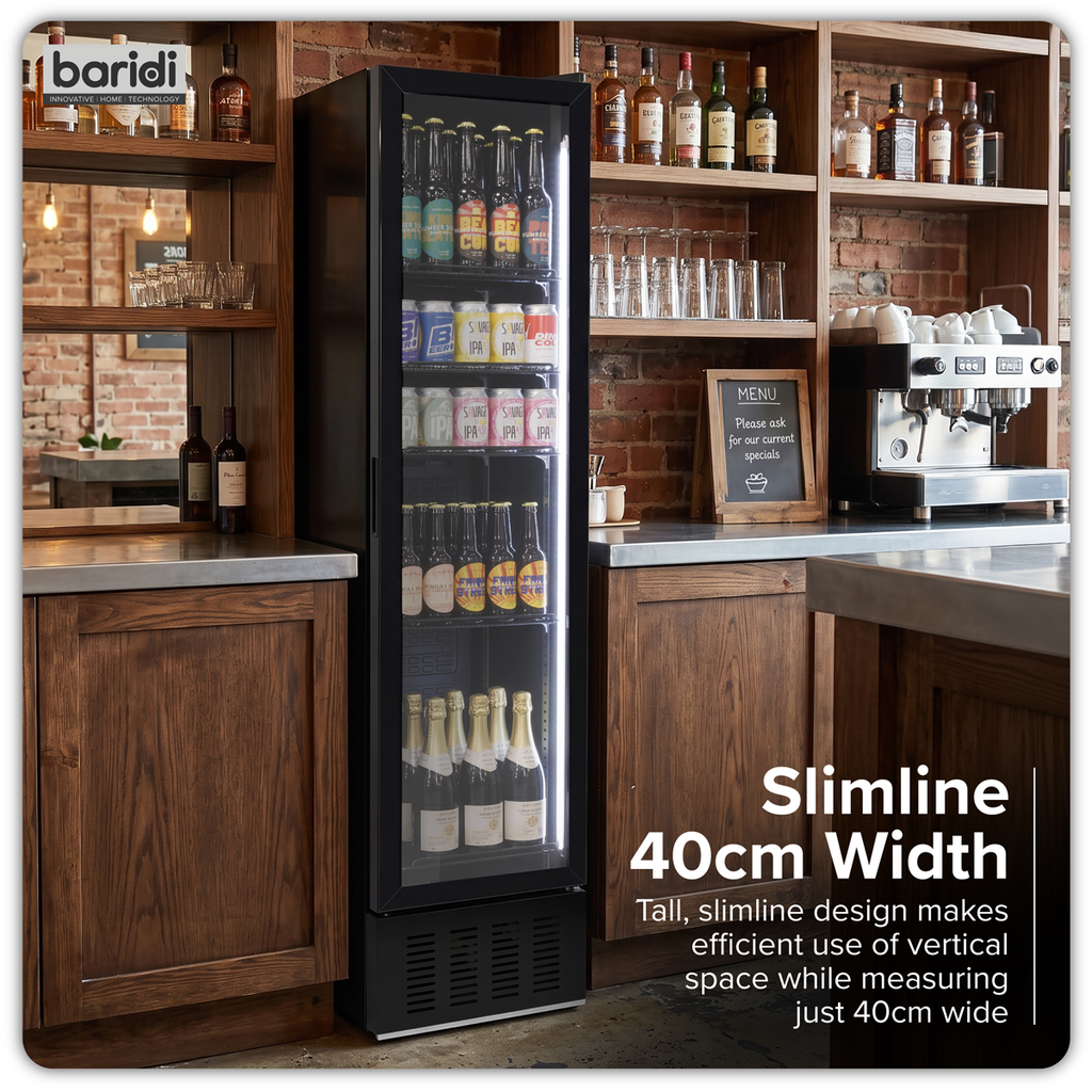 Baridi Tall Drinks Fridge with Digital Controls & Auto Defrost 160L Black (DH440)