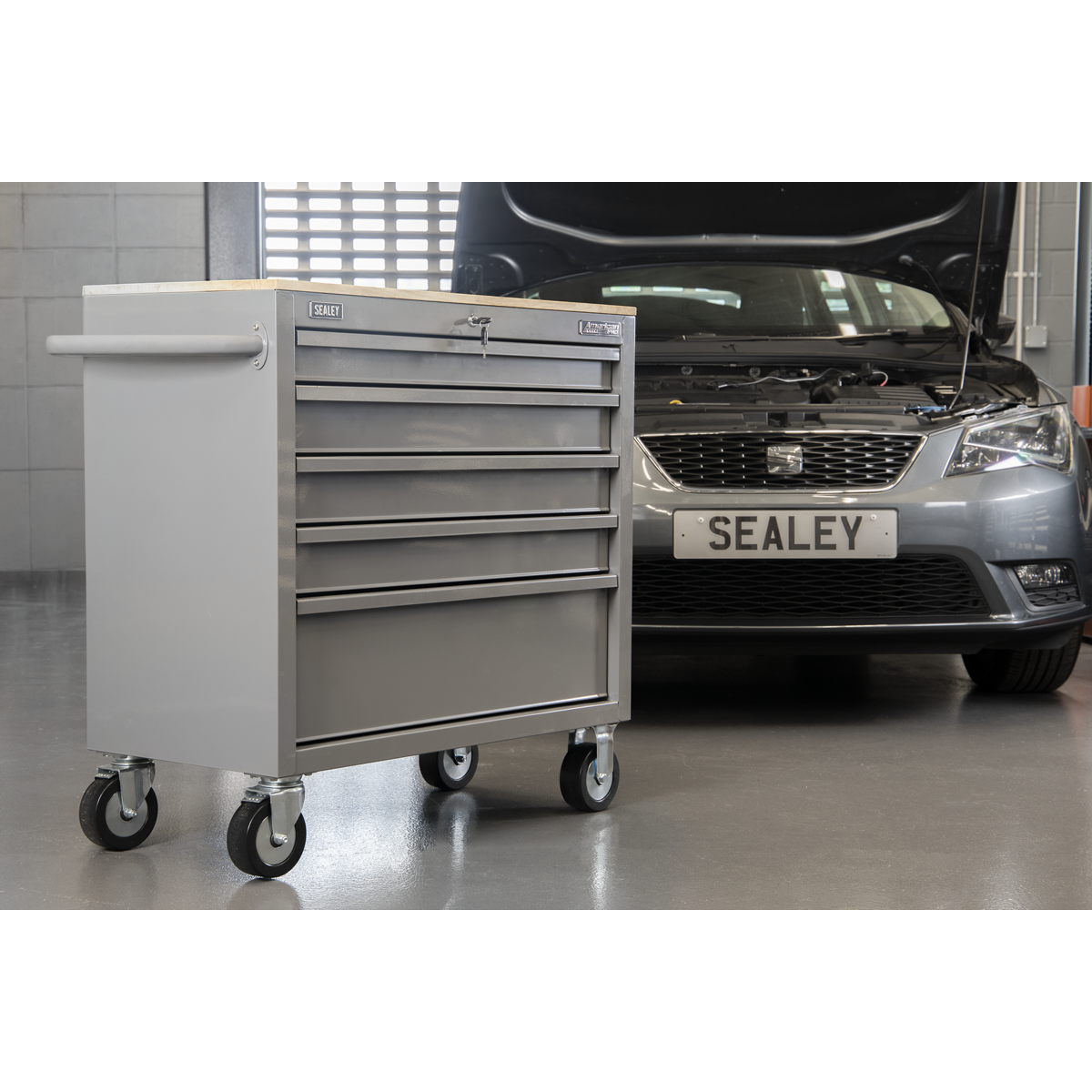 American PRO® Mobile Workstation with Wooden Worktop 5 Drawer - Grey