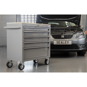 American PRO® Mobile Workstation with Wooden Worktop 5 Drawer - Grey