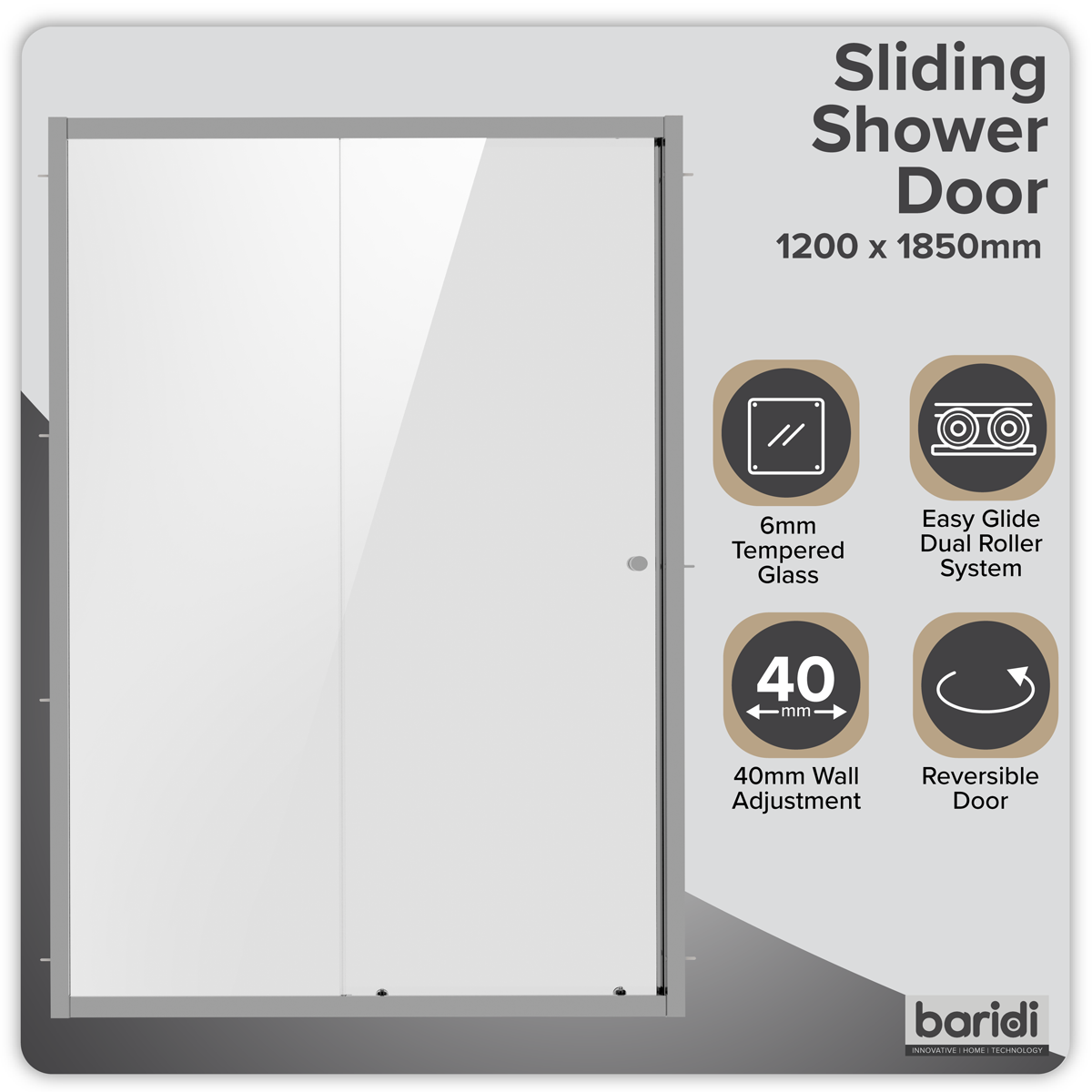 Sliding Shower Door 1200 x 1850mm, 6mm Tempered Glass, Reversible - Black