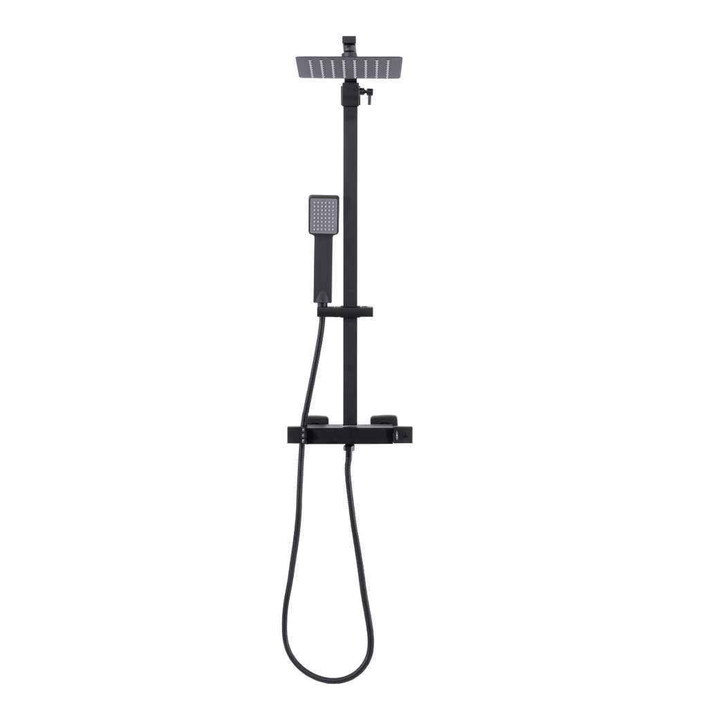 Thermostatic Shower Mixer Set, 20x20cm Square Head, Adjustable Rail - Black