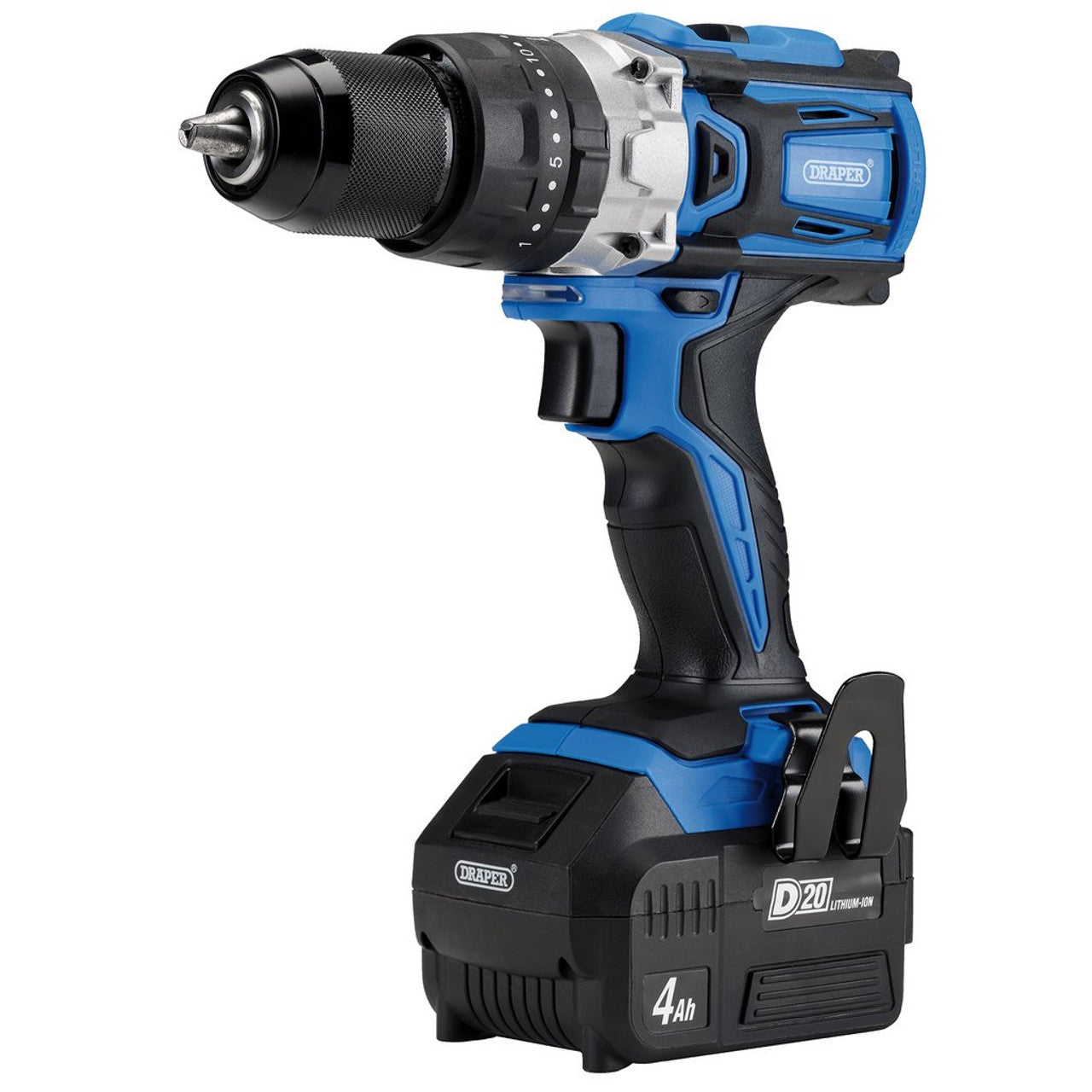 Draper 79894 D20 20V Cordless Brushless Combi Drill, with 4.0Ah Battery and Charger