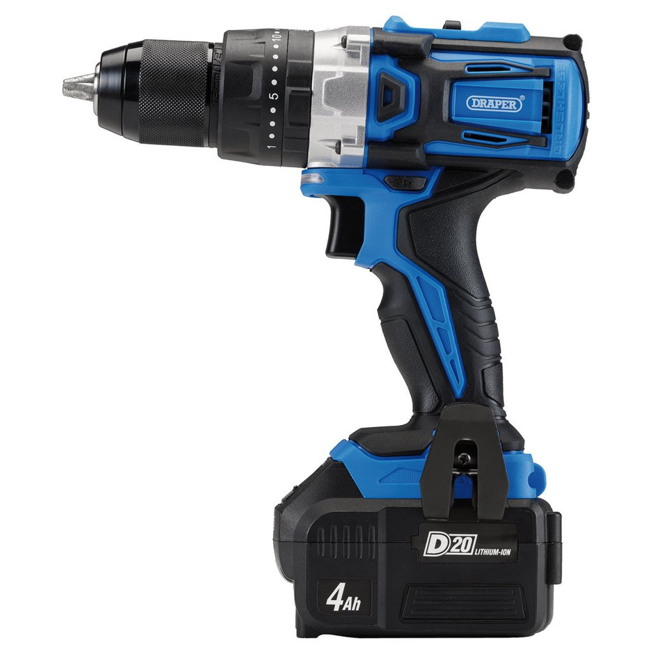 Draper 79894 D20 20V Cordless Brushless Combi Drill, with 4.0Ah Battery and Charger
