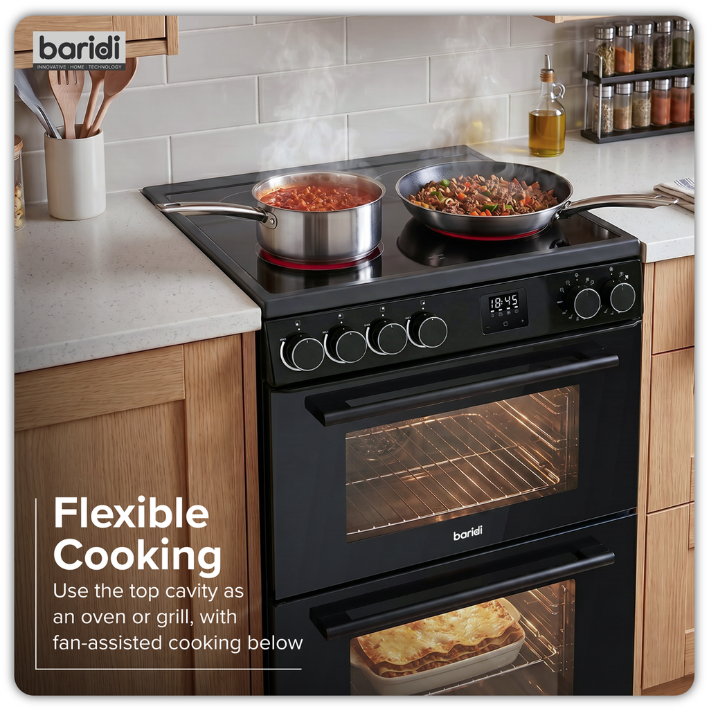 Baridi Freestanding Double Cavity Cooker 60cm with Ceramic Hob, Black (DH429)