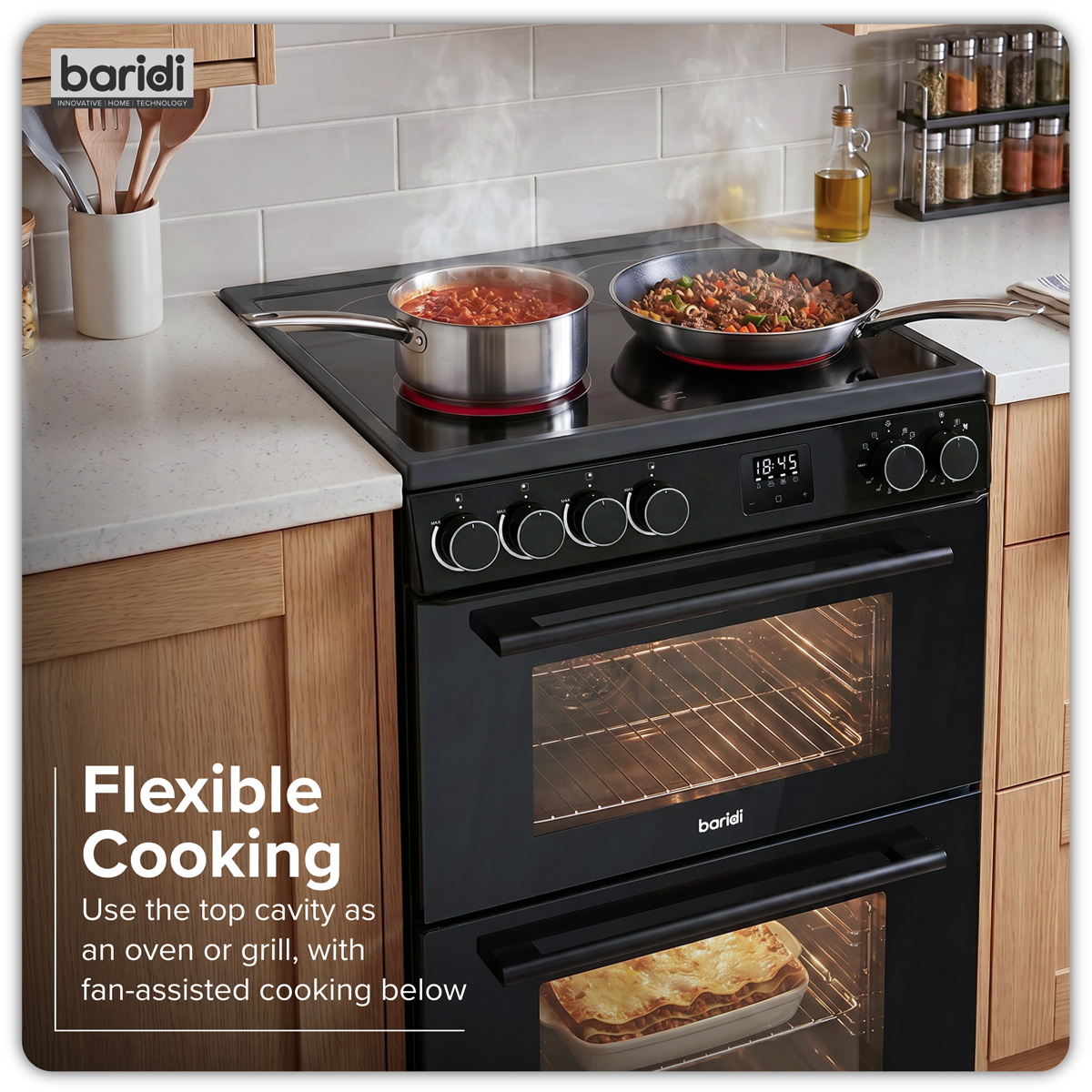 Baridi Freestanding Double Cavity Cooker 60cm with Ceramic Hob, Black (DH429)