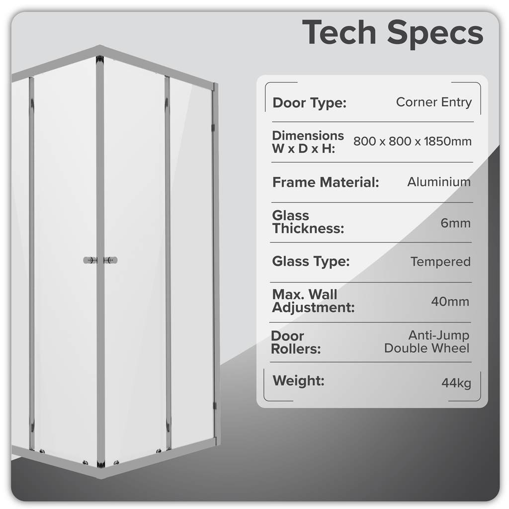 Corner Shower Entry Enclosure 800 x 800 x 1850mm with 6mm Tempered Glass - Chrome