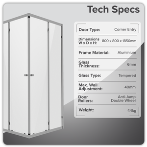 Corner Shower Entry Enclosure 800 x 800 x 1850mm with 6mm Tempered Glass - Chrome