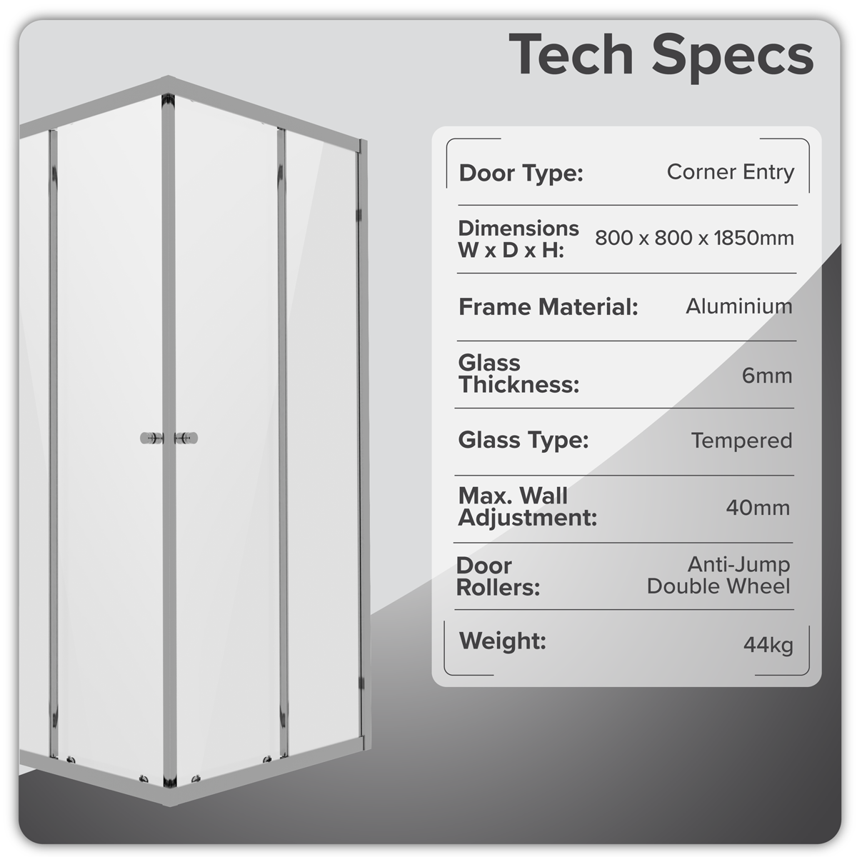 Corner Shower Entry Enclosure 800 x 800 x 1850mm with 6mm Tempered Glass - Chrome