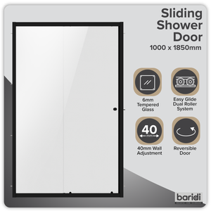 Sliding Shower Door 1000 x 1850mm, 6mm Tempered Glass, Reversible - Black