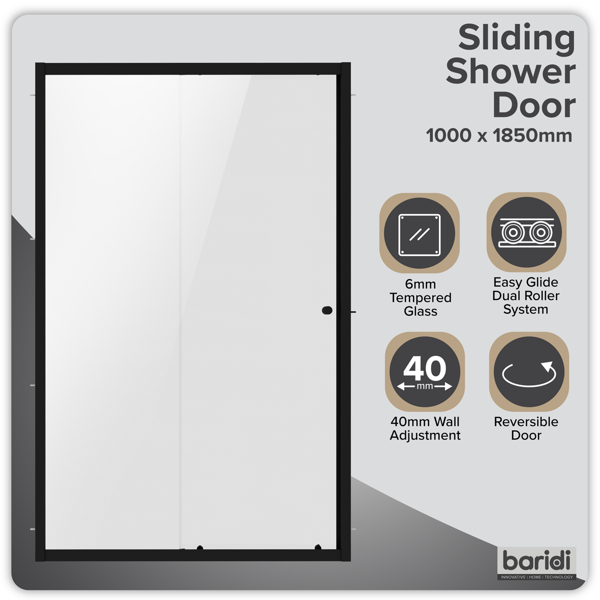 Sliding Shower Door 1000 x 1850mm, 6mm Tempered Glass, Reversible - Black