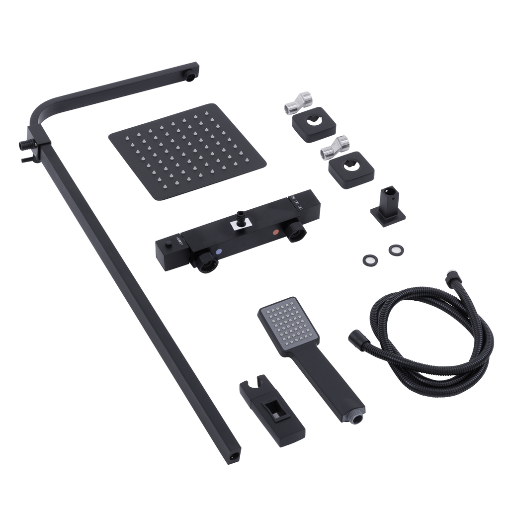 Thermostatic Shower Mixer Set, 20x20cm Square Head, Adjustable Rail - Black