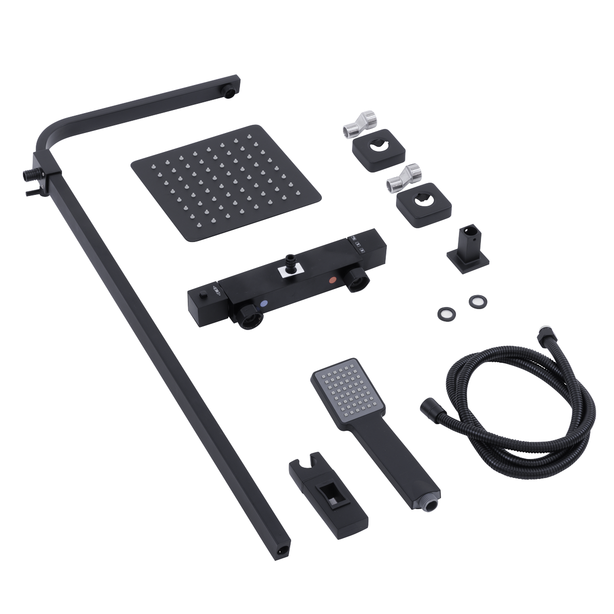 Thermostatic Shower Mixer Set, 20x20cm Square Head, Adjustable Rail - Black