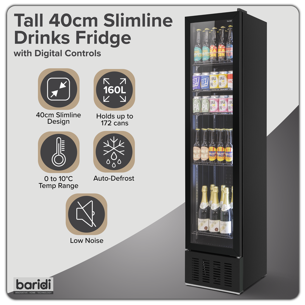 Baridi Tall Drinks Fridge with Digital Controls & Auto Defrost 160L Black (DH440)