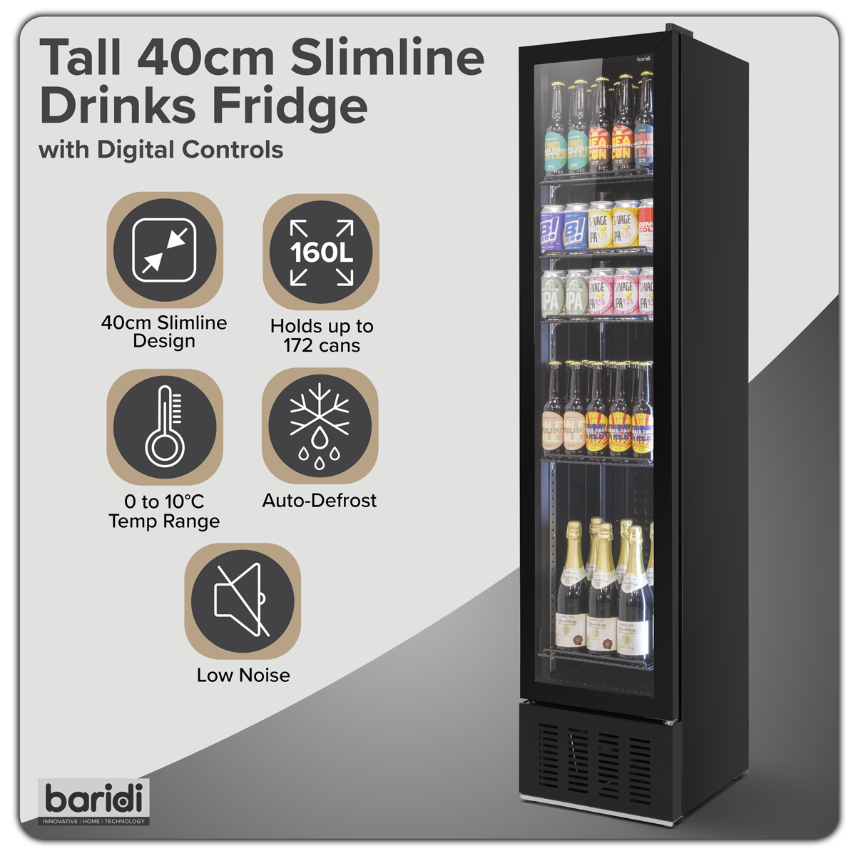 Baridi Tall Drinks Fridge with Digital Controls & Auto Defrost 160L Black (DH440)