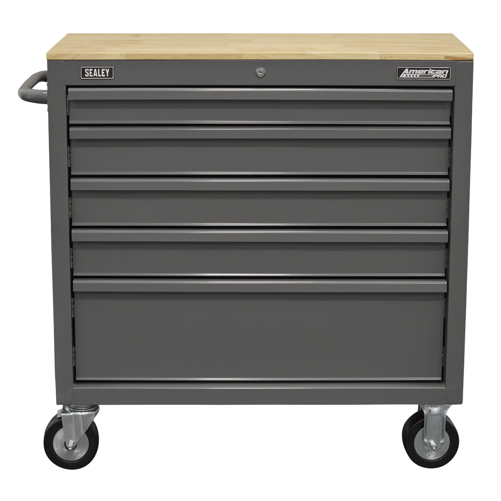 American PRO® Mobile Workstation with Wooden Worktop 5 Drawer - Grey