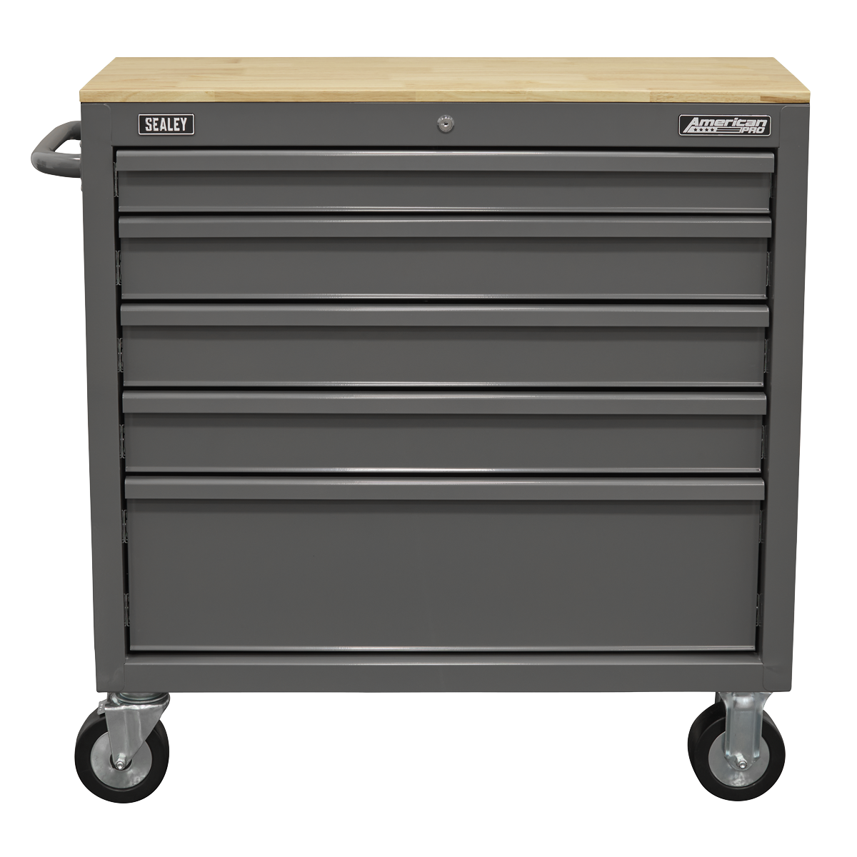 American PRO® Mobile Workstation with Wooden Worktop 5 Drawer - Grey